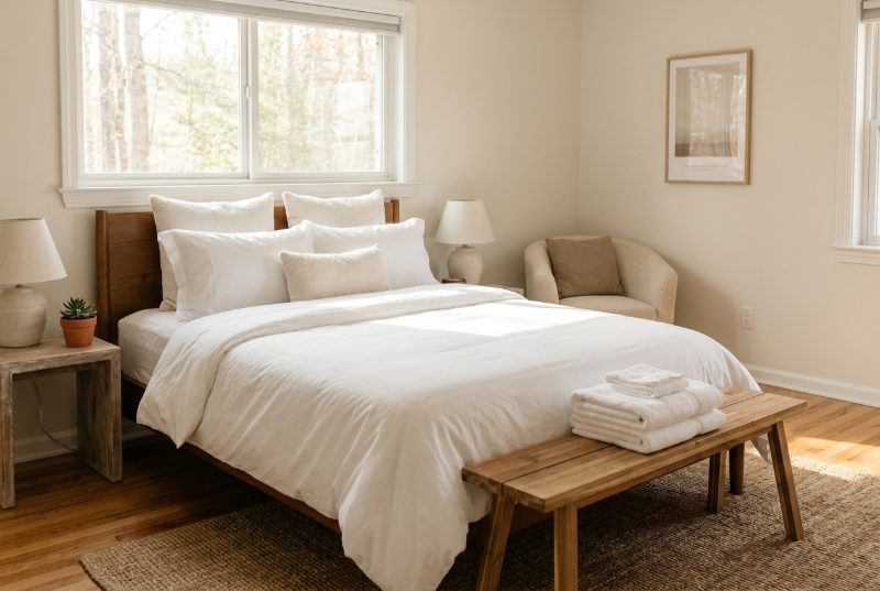 Guest-ready styled bedroom with fresh linens