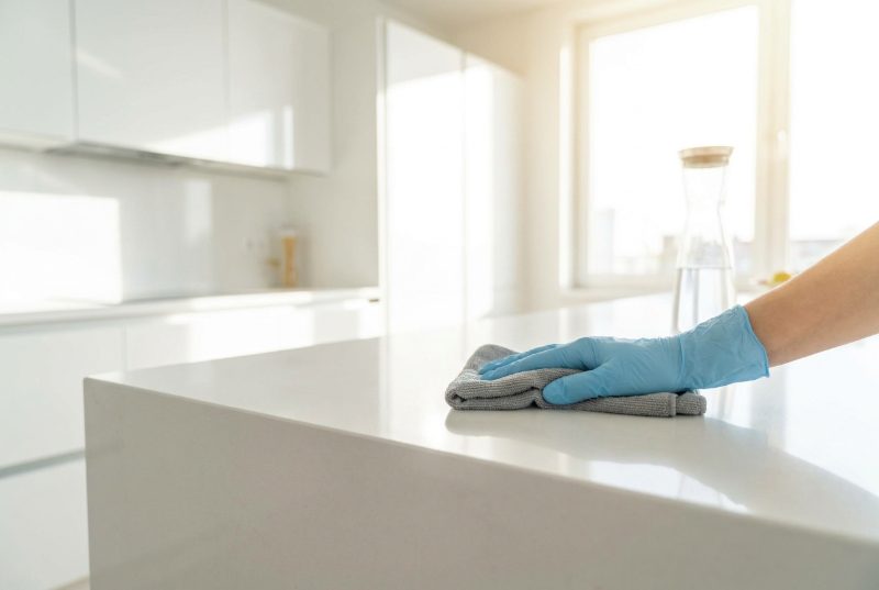 Wiping a spotless kitchen countertop
